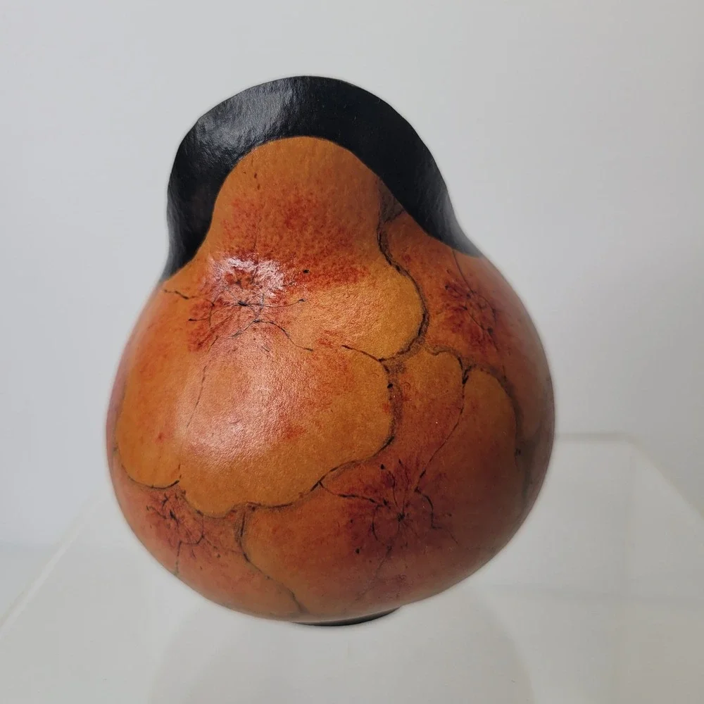 VTG Handcrafted Real Gourd Pitcher Vase Folk Art Floral w/ Handle 3 1/2